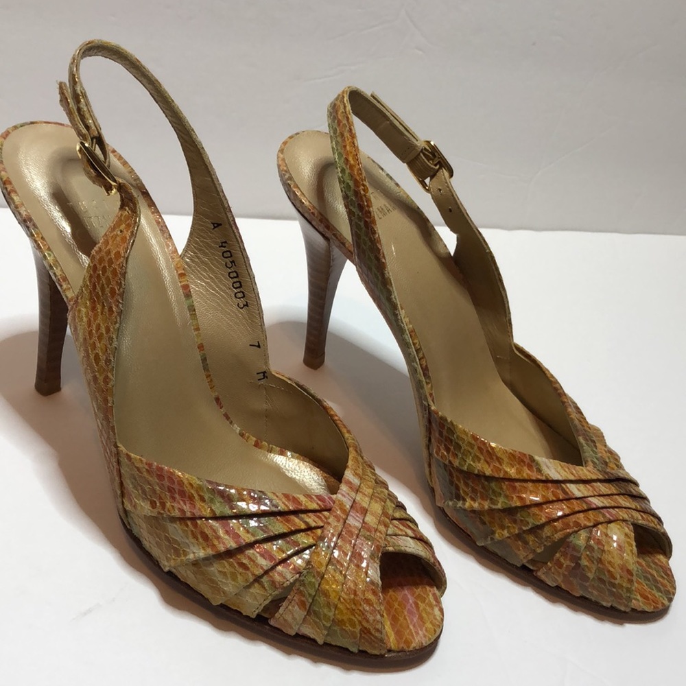 Stuart Weitzman Multicolor Snake-Embossed Slingback Heels